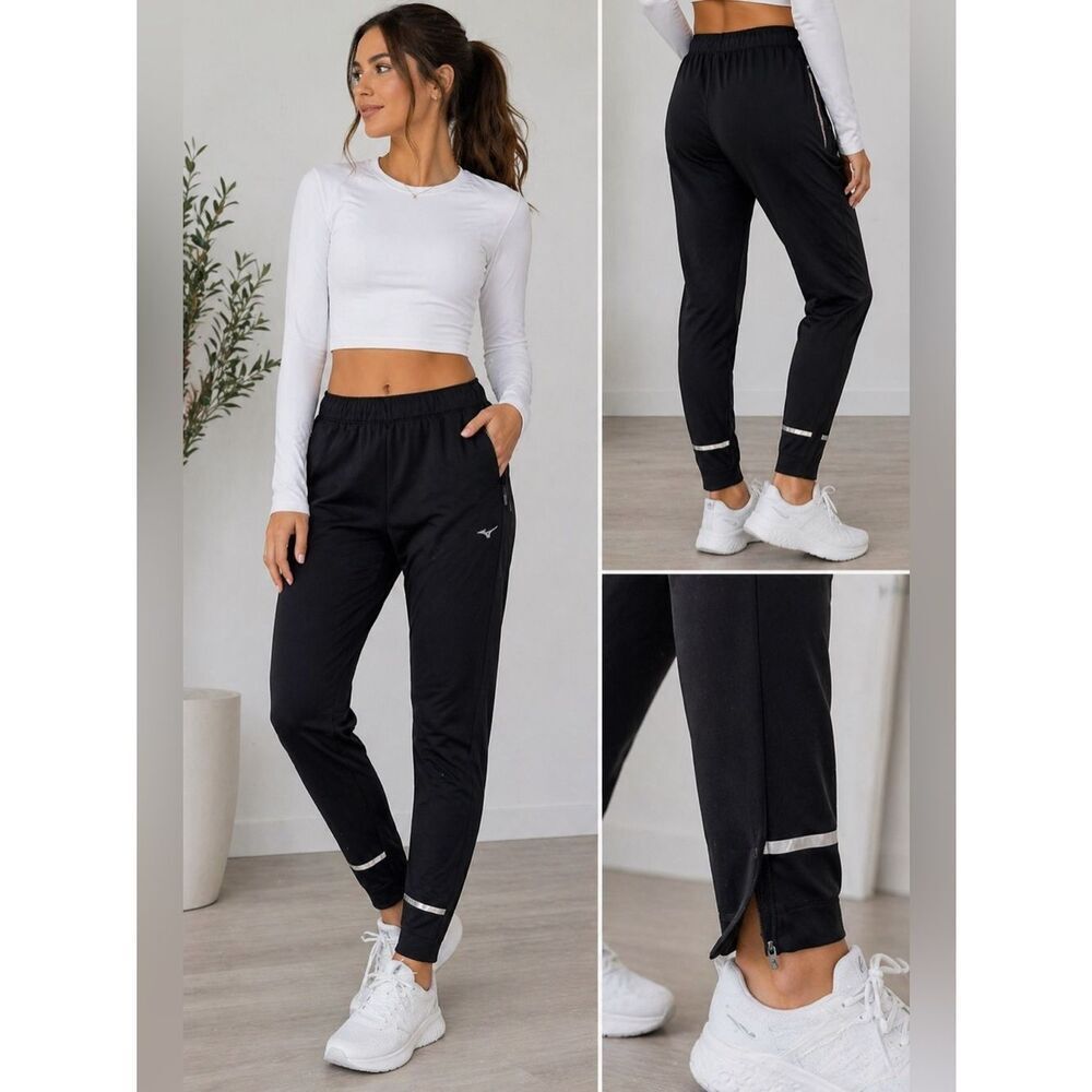 Mizuno Black Athletic Joggers Reflective Zip Ankle Pants Women’s XL